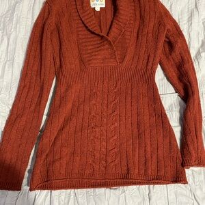 Title Nine Terracotta Cowl Neck Sweater with Cable Knit Design